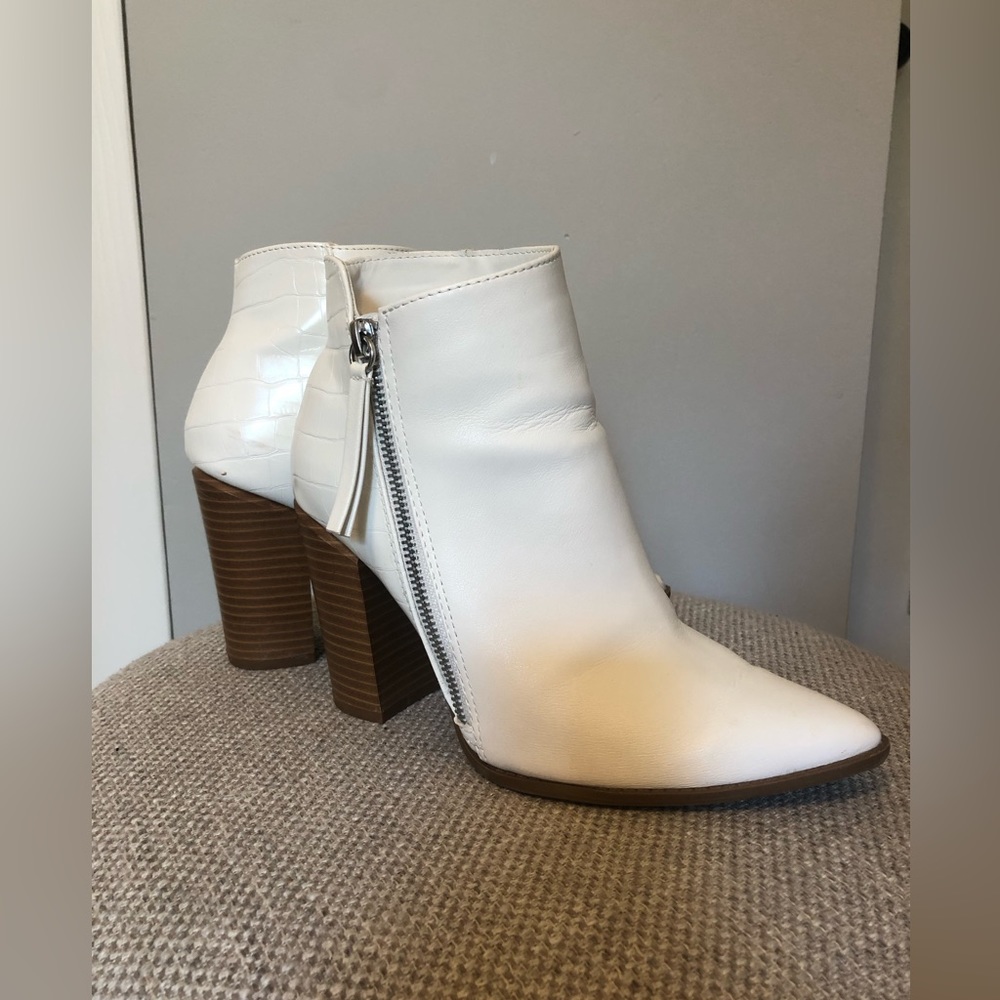 White leather zip up ankle boots